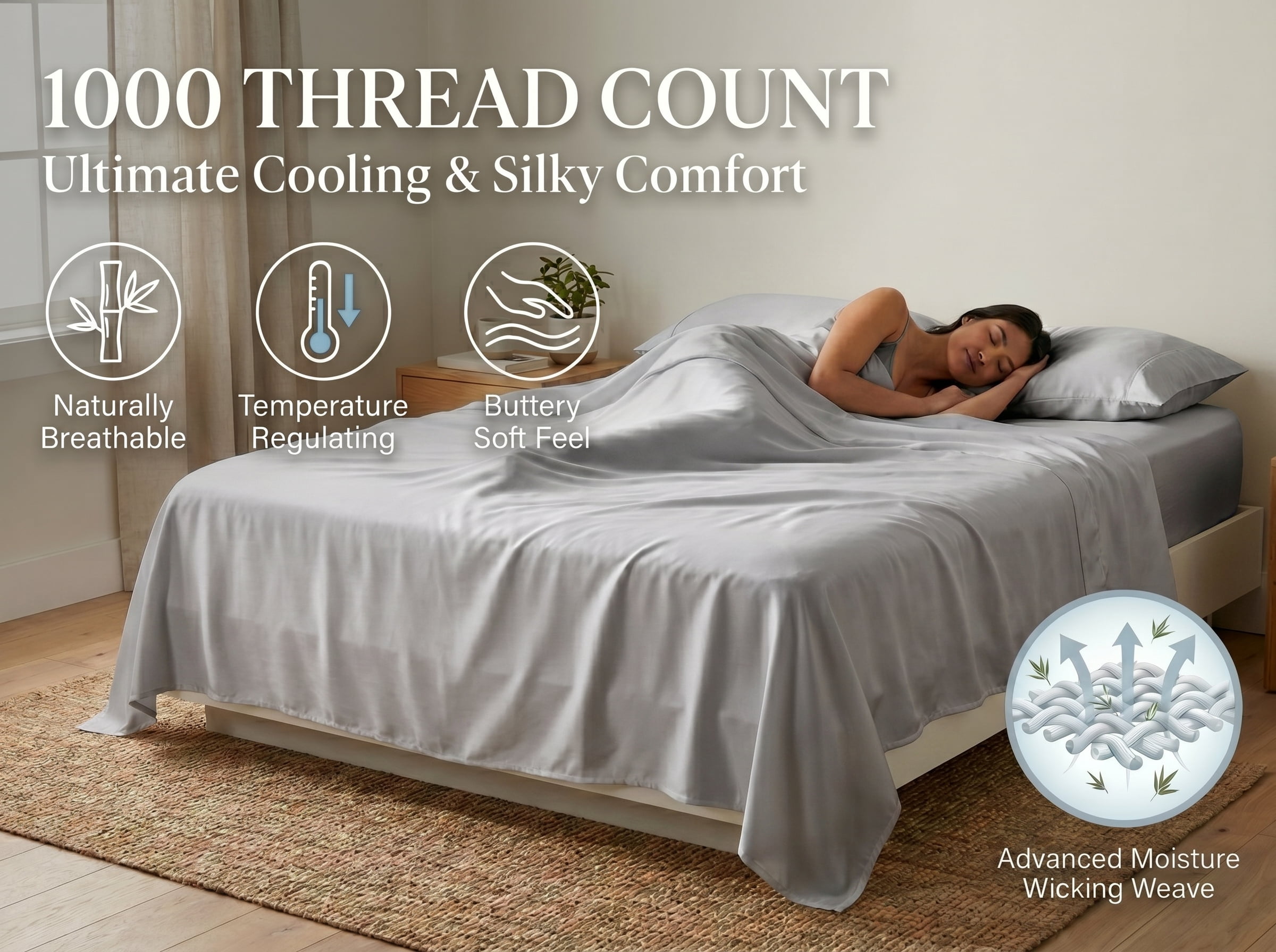 100% Viscose from BAMBOO Sheets Set Full-XL Size - 1000 Thread Count - 4 Piece Bedding - 18" Deep Pocket - Light Gray