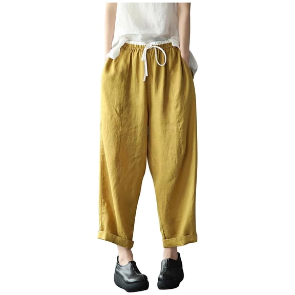 KIHOUT Women's Summer Pants Women Plus Size Drawstring Casual Solid Elastic Waist Pocket Loose Pants