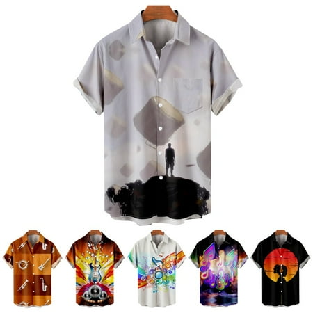 

LANLIN Music Festival Big Men s Button Down Short Sleeve Hawaiian Shirts with Chest Pocket Classic Blouses For Men Boys