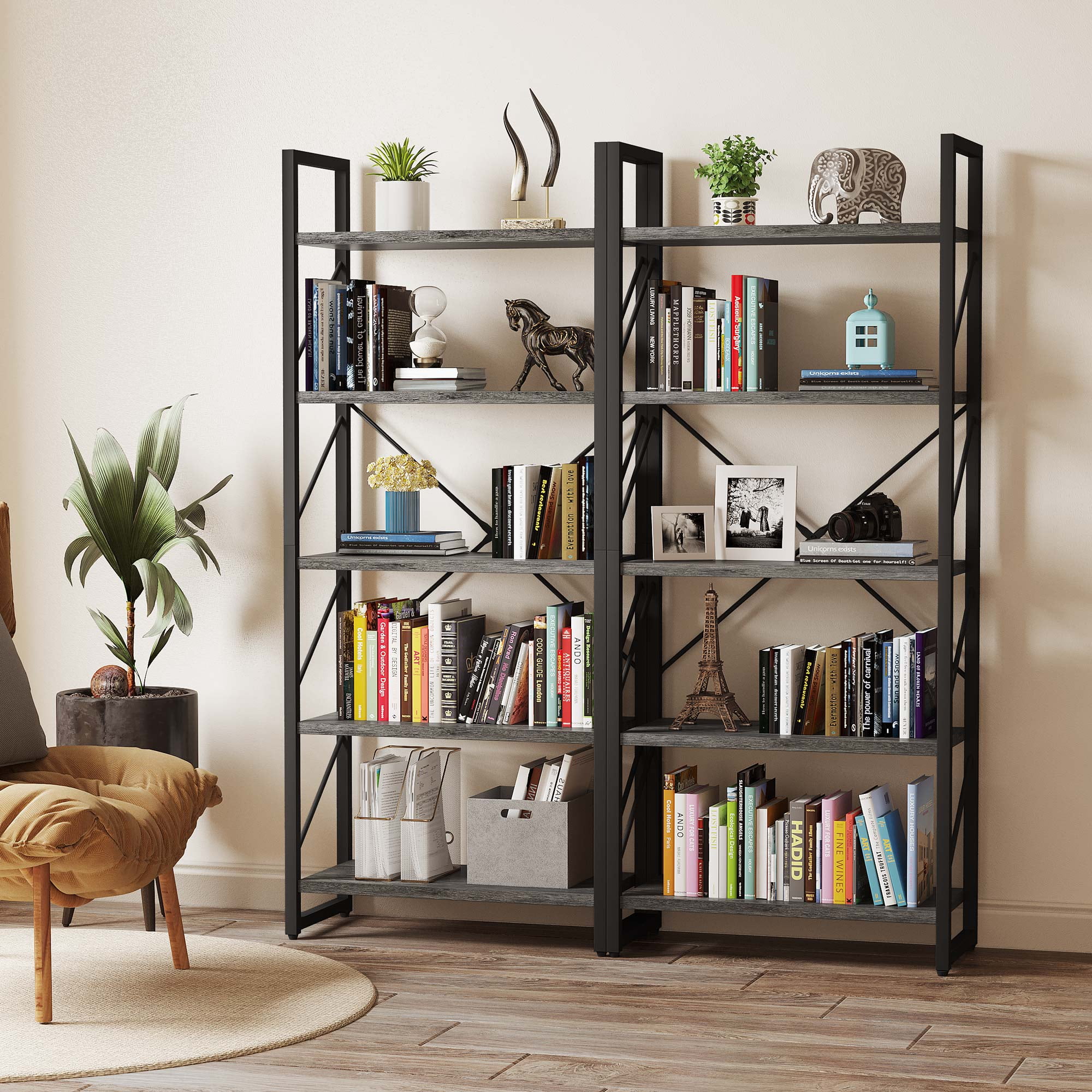 Dextrus 5-Tier Industrial Ladder Freestanding Bookcase with Open Storage Shelves, Gray & Black