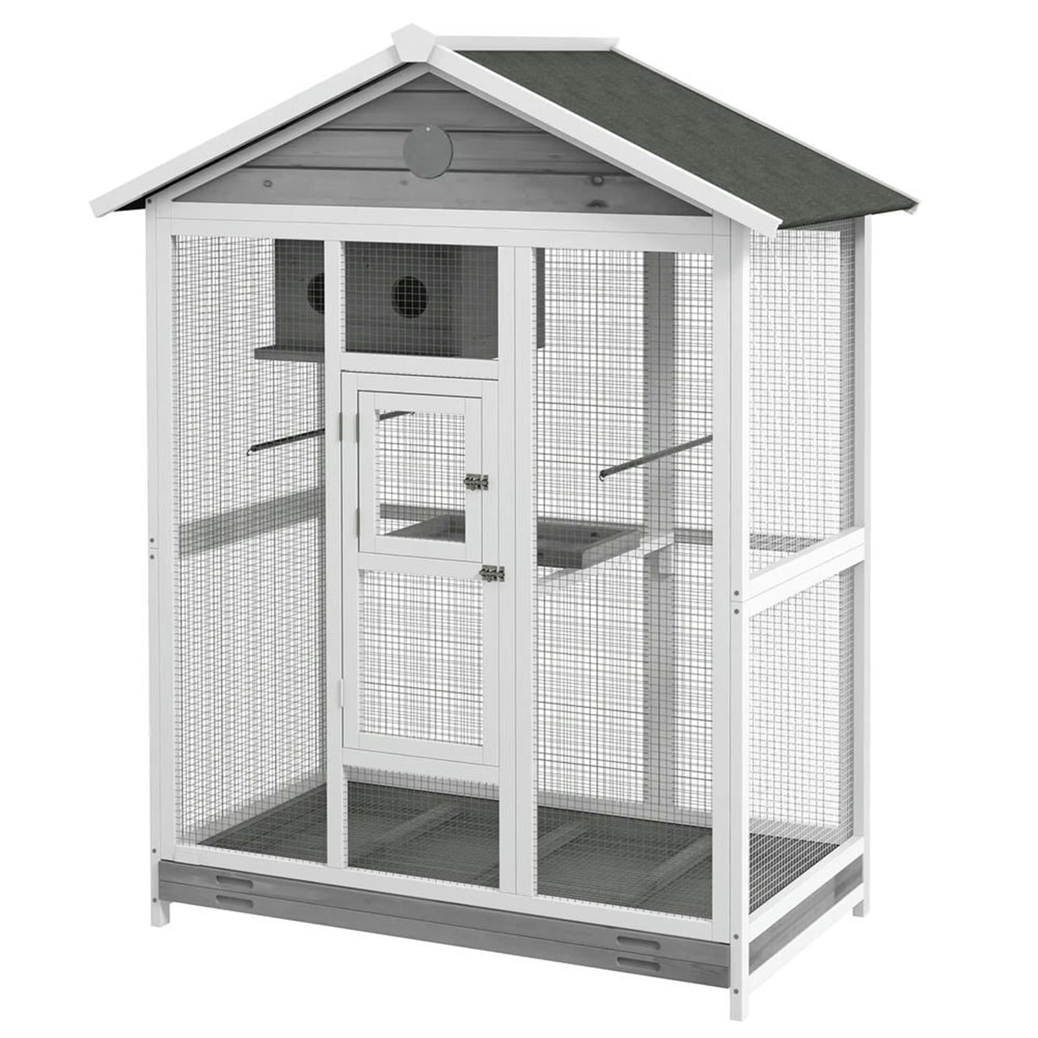 Kadyn 64" Height Wooden Outdoor Flight Bird Cage Aviary with 4 Perches and Slide-Out Tray for Parrots Conures Lovebird Cockatiel Parakeets, Gray