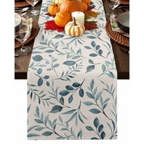Fall Blue Botanical Table Runner-Cotton Linen- 36 Inch Holiday Dresser Scarves, Farmhouse Flower Leaves Herb Tablerunner for Kitchen Coffee/Dining Bedroom Home Living Room Dinner Scarf Décor 13x36