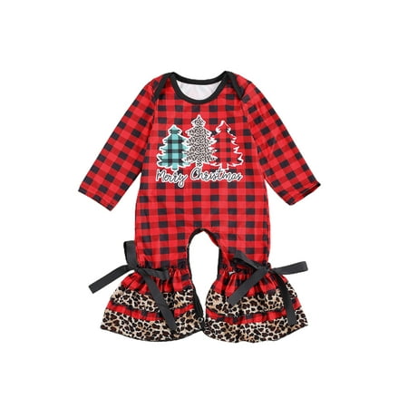 

FOCUSNORM Christmas Infant Baby Girls Plaid Romper Xmas Tree/Bull Head Printed Long Sleeve Flared Long Pants Jumpsuit