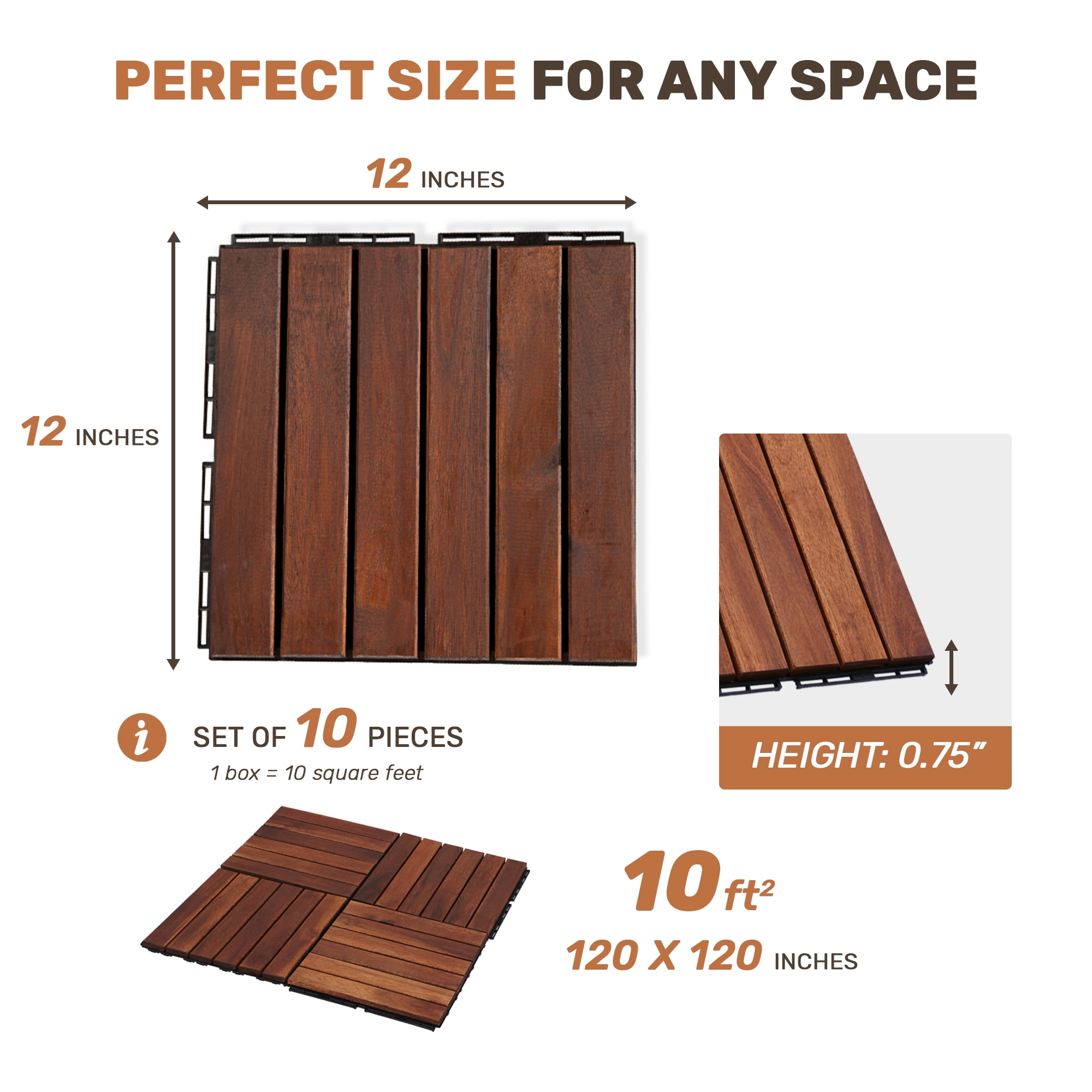 10 PCS Striped Pattern Interlocking Deck Tiles 12"x12" Square Acacia Hardwood Outdoor Flooring for Patio Balcony Pool Side Garden Porch