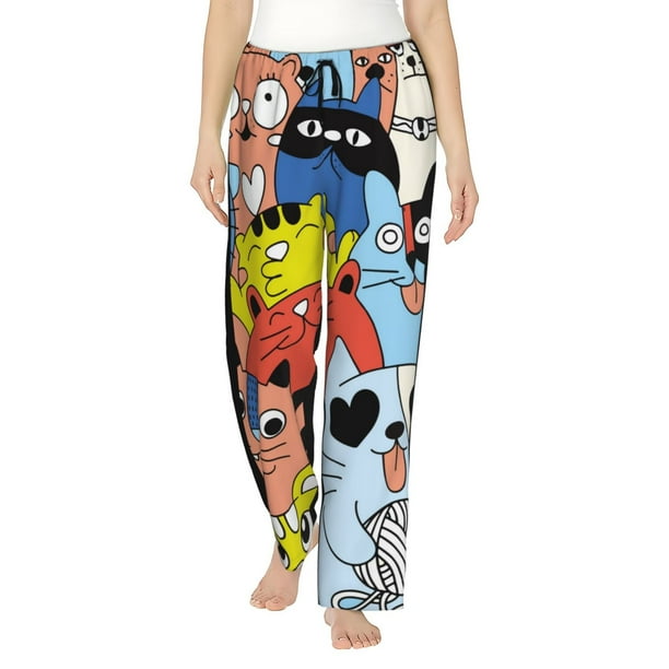 Balery Funny Cats Pantalones de pijama para mujer, pijamas ultraligeros, pantalones de estar por casa-Large