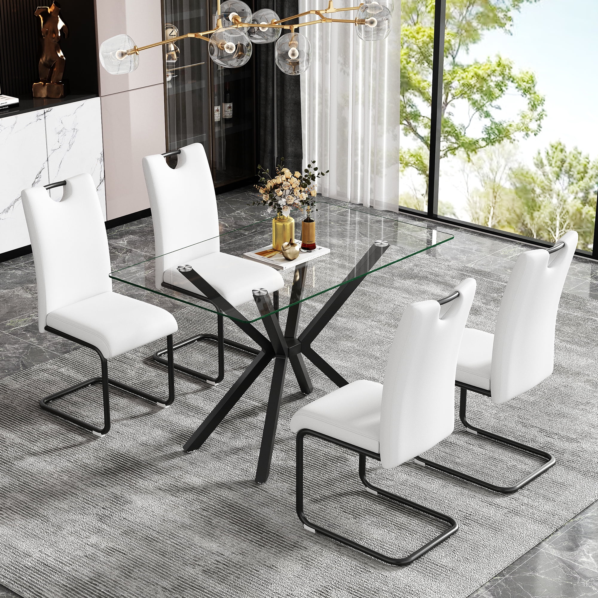 Miniyam 47" Modern Glass Dining Table for 4, Rectangular Tempered Glass Top with Metal Legs, Clear