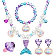 HIBALALA 10Pcs Mermaid Necklace Bracelet Set Girls Kids Mermaid Jewelry Dressing Up Kit Mermaid Tail Necklace With Bell, Shell Earring, Pearl Shell Bracelet, L
