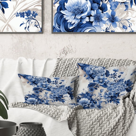 Designart "Cobalt Blue Double Cameo" Floral Printed Throw Pillow