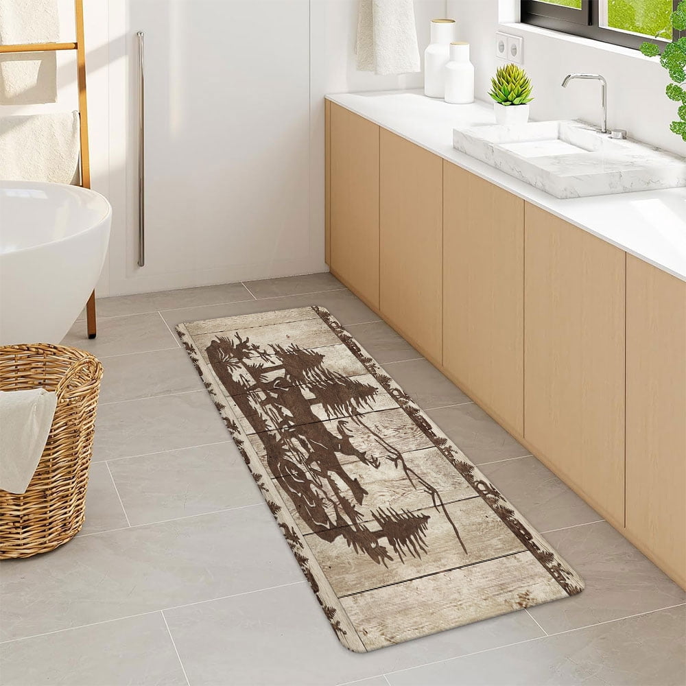 Cabin Bathroom Rugs, Forest Animal Lodge Cabin Vintage Wooden Country Farm Wildlife Bathroom Mat Deer Shower Mat Kitchen Rug, Rustic Farmhouse Bath Mat Rustic Cabin Forest Toilet Rug, 17"X48" Inches