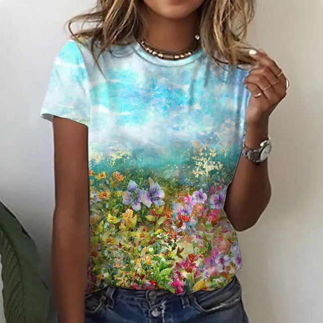 Qiopertar T-Shirt Décontracté à Manches Courtes Imprimé Floral Col Rond pour Femmes en Solde à Moins de 5$ en Solde