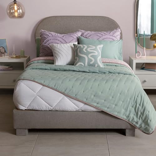 Vianney Twin Comforter, Novo Terrazzo Bedding, Reversible Lightweight Quilt Blanket in Abstract Geometric Design and Solid Sage Green on Other Side, 71”x93”