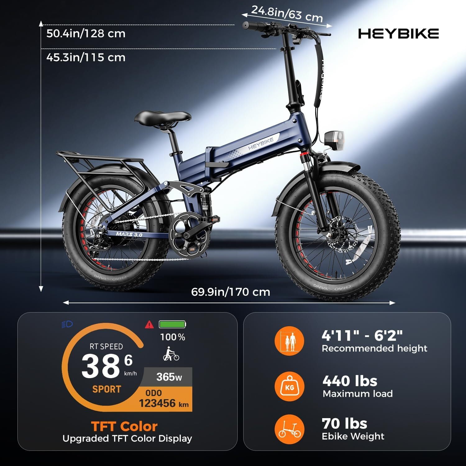 Heybike Mars 3.0 Electric Bike for Adults, 1400W Peak Motor Foldable Ebike with 48V 13AH Removable Battery, 20" Fat Tire Electric Bicycles, Up to 30+MPH & NFC Unlock, UL2849