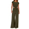 thumbnail image 3 of Women's 2 Piece Summer Outfit Cap Sleeve V Neck Belted Crop Top Wide Leg Pants, 3 of 6