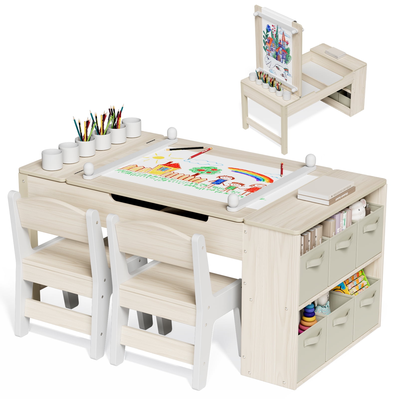 TLSUNNY Kids Art Table and 2 Chairs Set, Toddler Activity Desk with Storage Bins, Paper Roll, Paint Cups, Wooden Craft Table and Chairs Set for Boys & Girls
