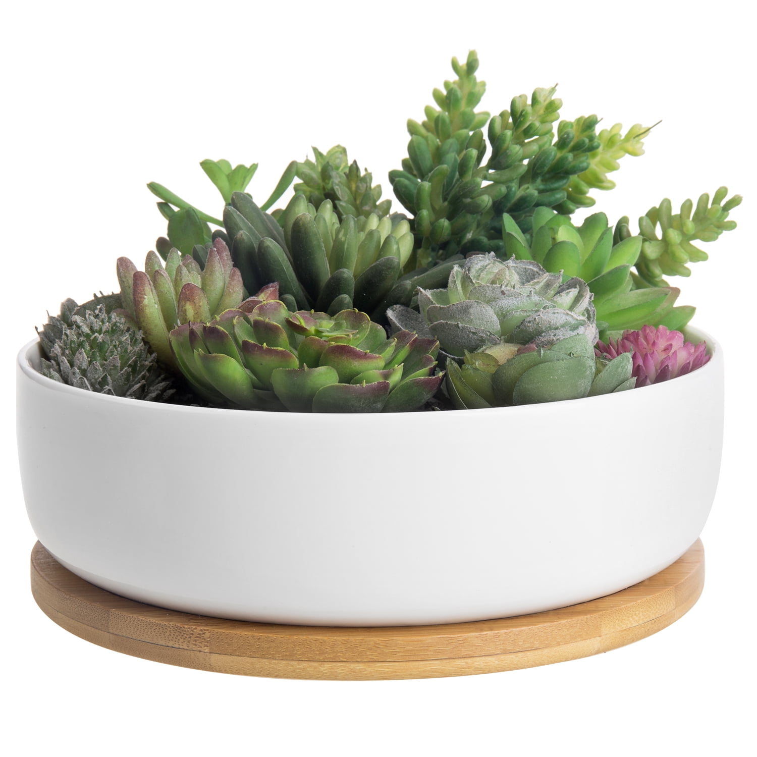 MyGift 21 Inch White Ceramic Round Planter Pot with Bamboo Tray ...