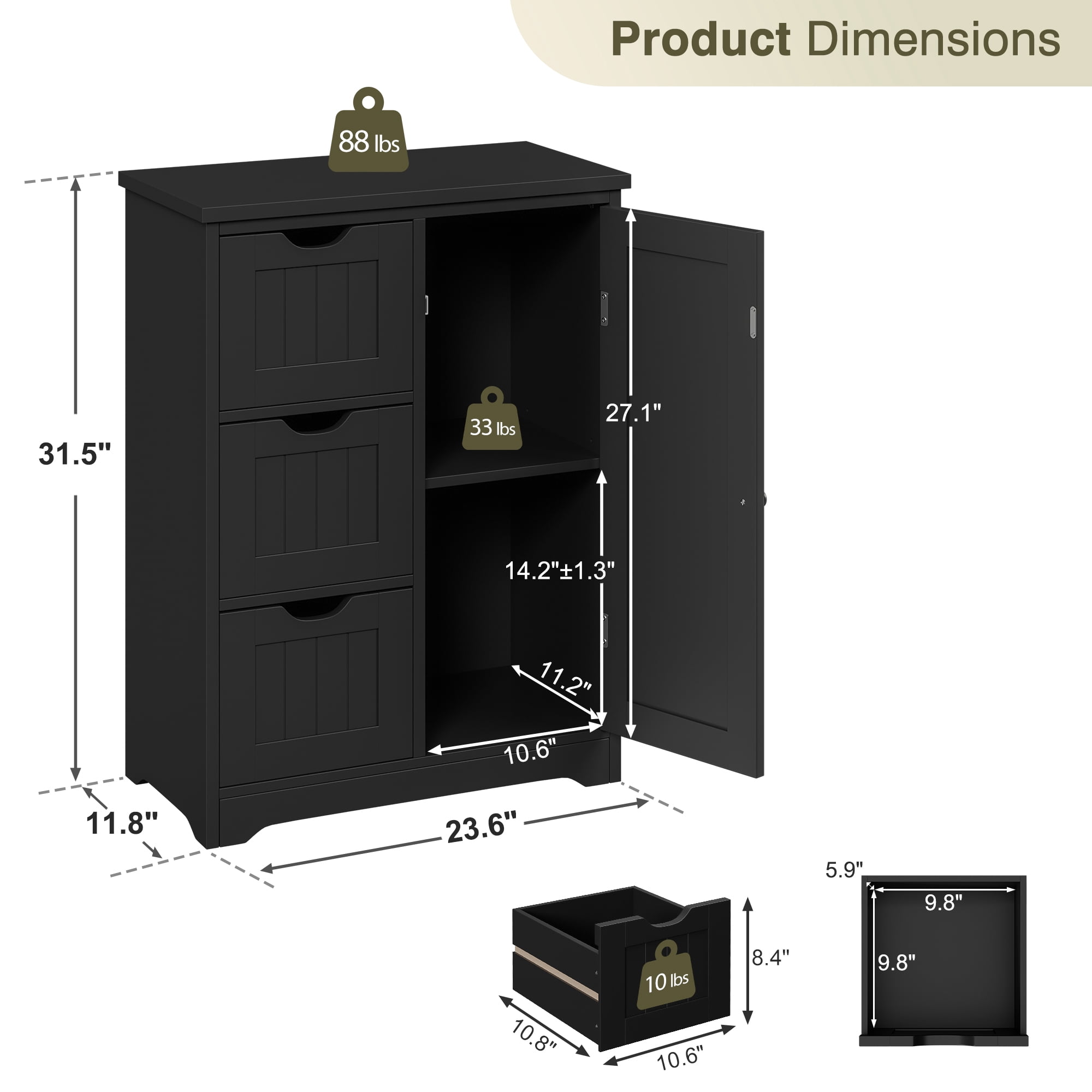 HomGarden 31.5-in Bathroom Floor Cabinet Freestanding Storage Organizer W/ 3 Drawers & Adjustable Shelf for Living Room, Entryway, Black