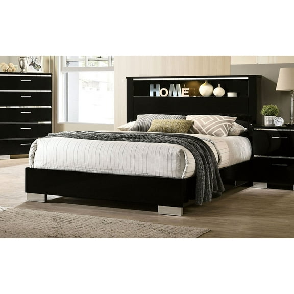 Queen Size Bed W Shelf LED HB Black High Gloss Lacquer Solid wood 1pc Bed Bedroom Furniture Chrome Metal Legs
