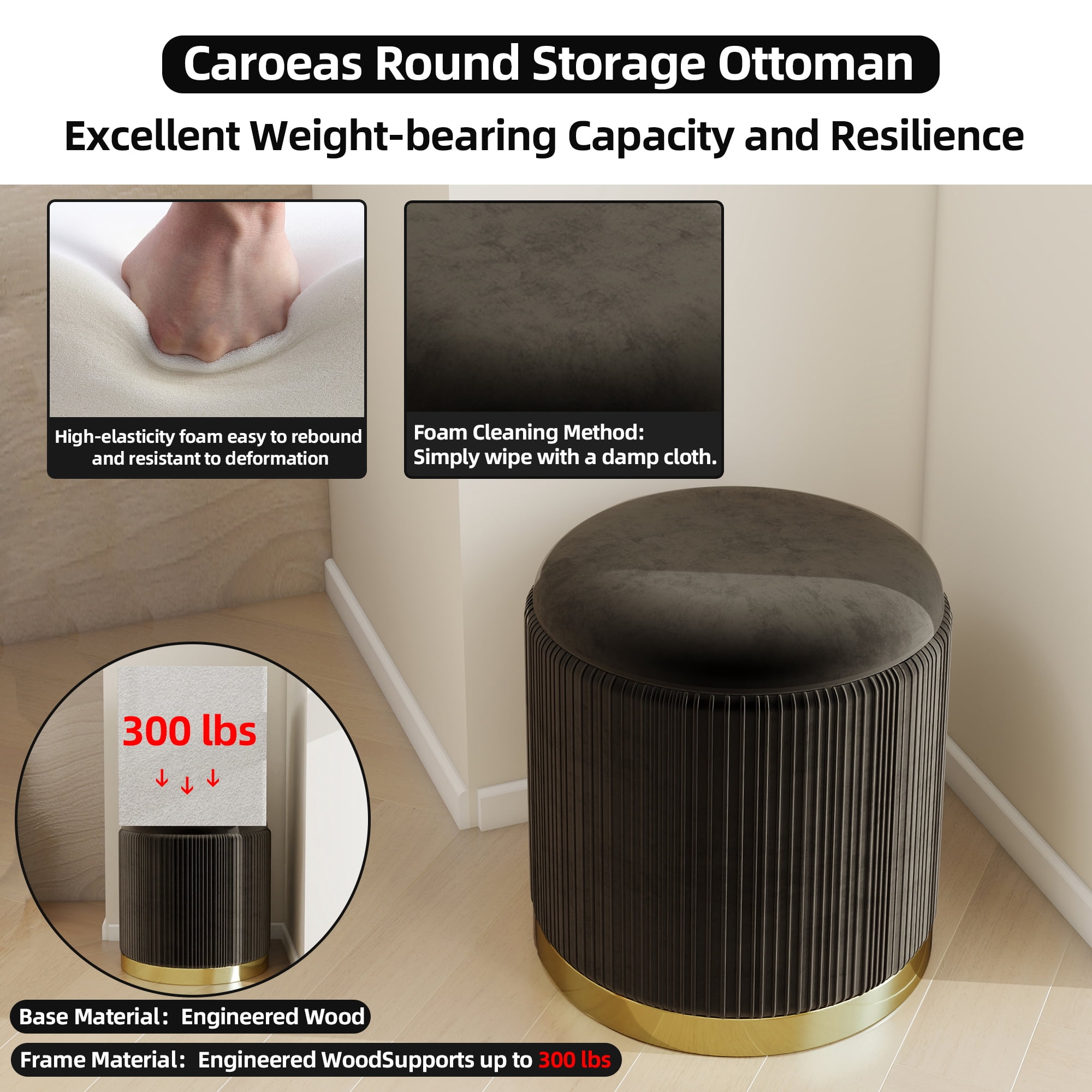 Caroeas 2 Pack Round Ottoman with Storage, Upholstered Velvet Storage Ottoman with Gold Trim, Vanity Stool for Makeup, Ottoman Foot Rest for Living Room, Bedroom, Black