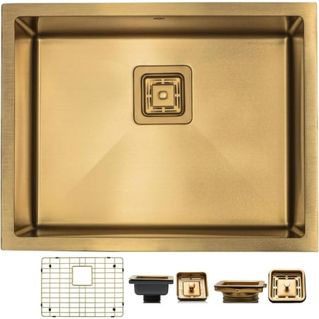 Strictly Sinks 23 Inch Undermount Kitchen Sink - Gold Single Bowl 16 Gauge Stainless Steel Bar Prep Kitchen Sink Stain Resistant - With 1 Square Disposal Adapter 1 Strainer Drain & Bottom Grid