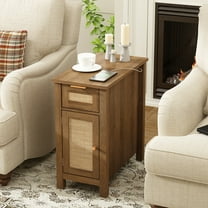 PieDle Farmhouse Rattan End Table with Charging Station, Narrow Side Table for Living Room, Bedside Table with Drawer and Storage Cabinet, Adjustable Shelf Nightstand