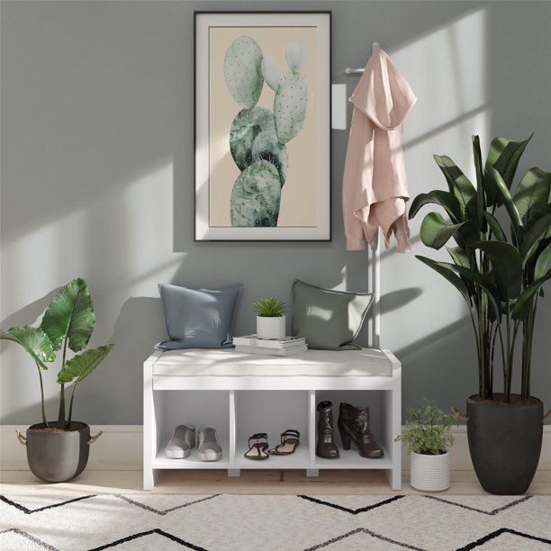 Novogratz Whitton Entryway Bench with Coat Tree, White