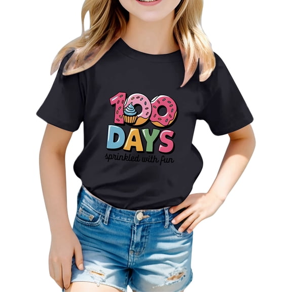 Girls' T Shirts 100 Days School Letter Graphic Crew Neck Short Sleeve Tees 2026 Trendy Cute Pullover Casual Daily Wear Tops