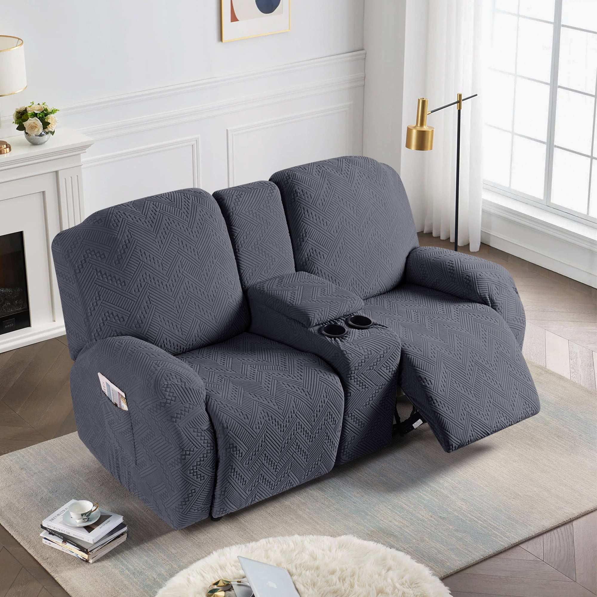 TAOCOCO Durable 4-Pieces Loveseat Recliner Slipcovers with Console, Stretch Jacquard Reclining Couch Covers for 2 Seater Sofa with Pockets- Home Sofa Protector, Black Gray