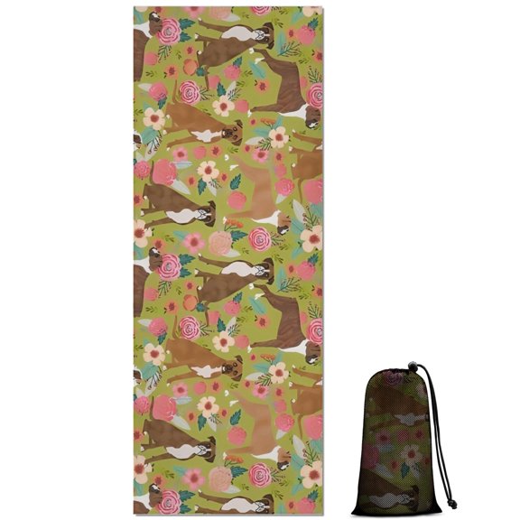 Cute Boxer Dog and Flowers Florals Hot Yoga Mat Towel Non Slip for Hot Yoga - Quick-Drying Yoga Mat Cover with 4 Corner Pockets with Travel Bag - Hot Yoga Towel Non Slip 70"x26"