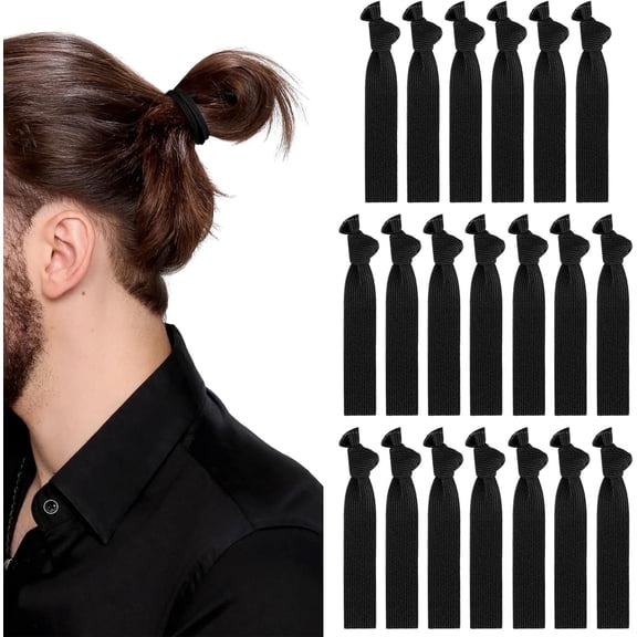 20 PCS Knotted Hair Ties for Men - No Damage Hair Bands, Black Elastic Hairties for Mens Bun, Long Thick Curly Hair - Ponytail Holders, Strong Hair Ties for Guys