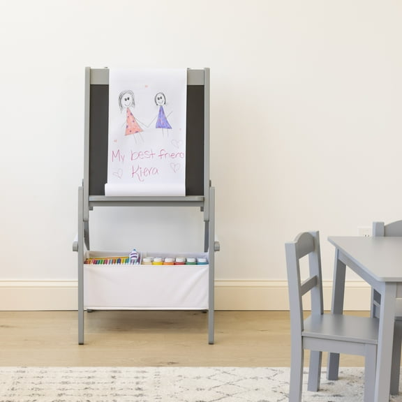 Humble Crew Inspire Kids Chalkboard and Dry Erase Easel with Storage Bins, 1 Paper Roll, 2pc Chalk, and Eraser, Grey