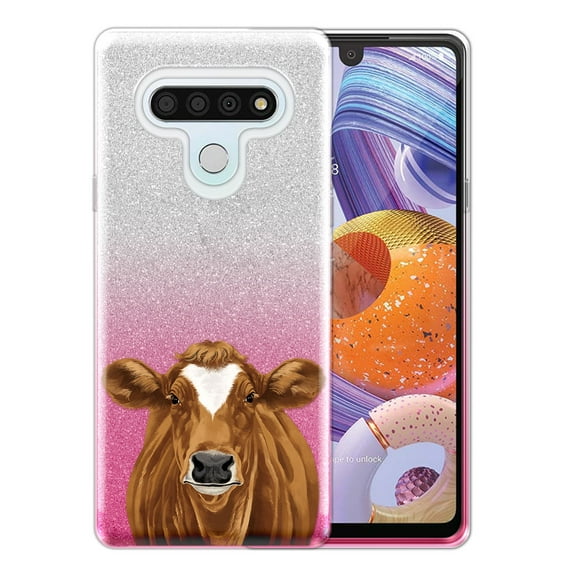 WIRESTER Pink Gradient Glitter Case, Sparkle Bling TPU Cover for LG Stylo 6 6.8" 2020, Brown Cow
