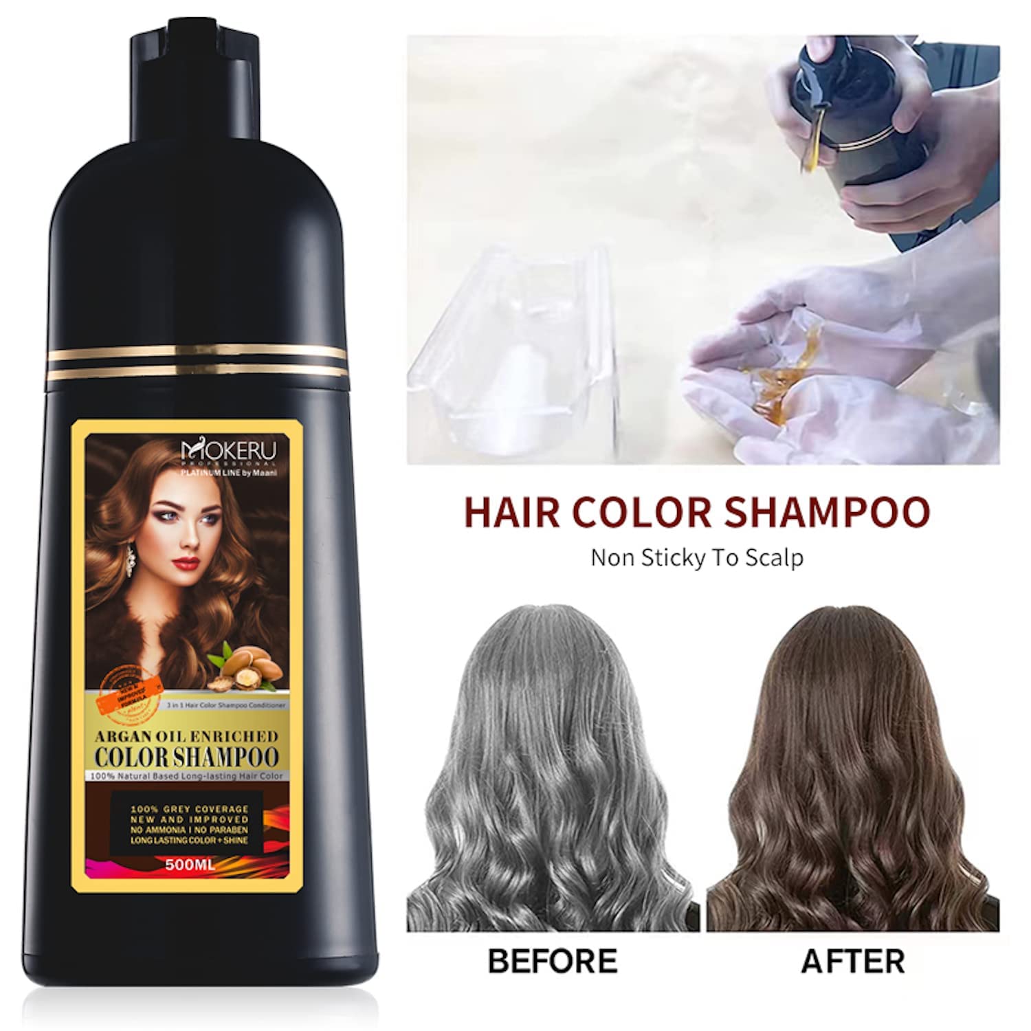 MOKERU Professional Argan Oil Hair Dye Color Shampoo 500 ML: Instant Fast Acting Long Lasting Signature Bundle by Maani (Light Brown)
