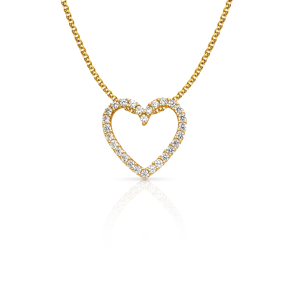 14K Yellow Gold Open Fancy Heart Round Cut Cubic Zirconia CZ Charm Pendant For Necklace or Chain