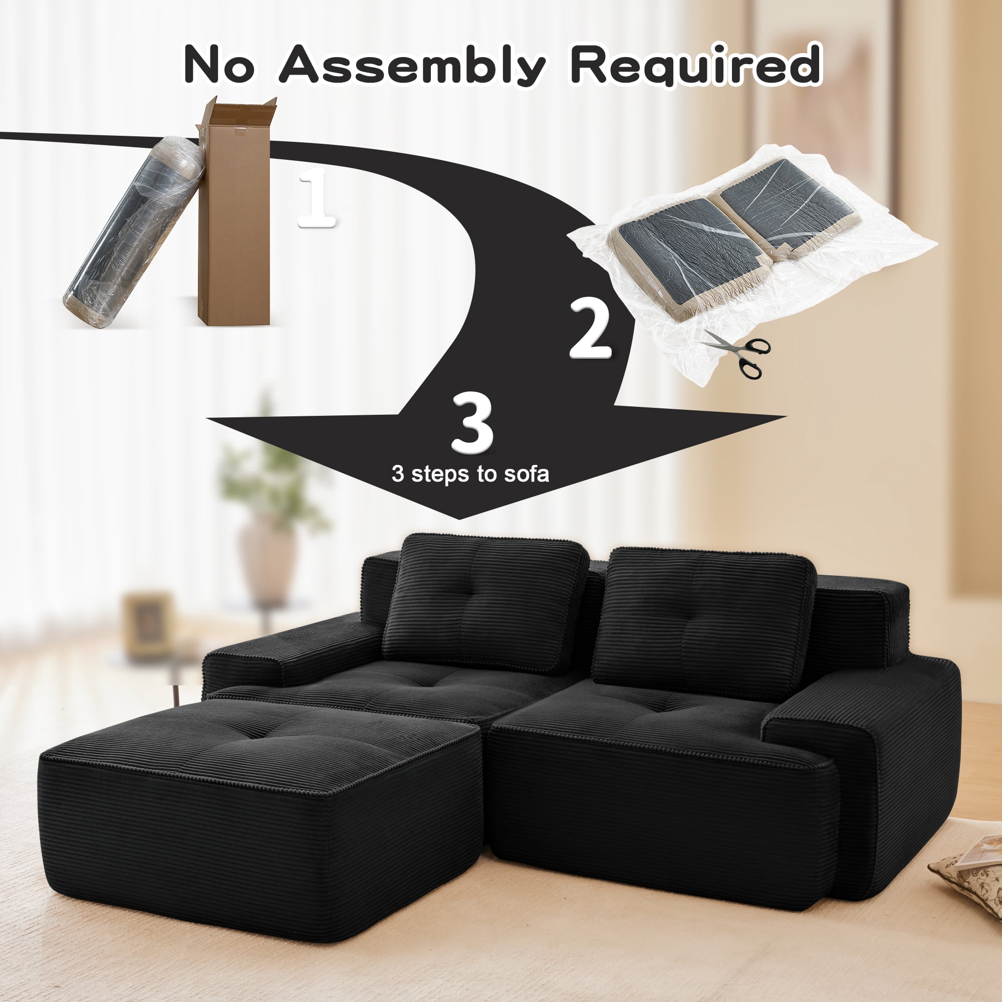 Yoneston 82" L-Shaped Modular Sectional Sofa 2 Seater Couch with Cushions and Ottoman, No Assembly Corduroy Loveseat Sofa for Living Room Bedroom Apartment, Black