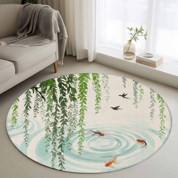 Round Area Rugs Collection 3 Ft, Spring Green Leaves Non-Slip Residential Carpet, Japanese Koi Fish Birds Vintage Indoor Crawling Mats Doormat Runner Rugs Play Mat for Bedroom