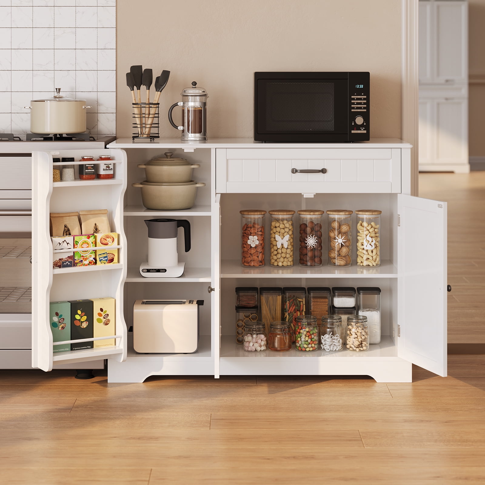 Coffee Bar Cabinet, Lofka 42" Farmhouse Kitchen Storage Sideboard Buffet Cabinet with 8 Shelves & 1 Drawer, Multifunctional Console Table for Dining Room Living Room Entryway Home Coffee Station, Whi