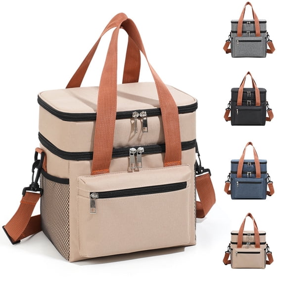 Insulated Lunch Bag Large Capacity 12L | Double Layer Cooler Tote with Dual Compartments | Waterproof, 3-Layer Thermal, Easy Clean, Portable Hand/Shoulder Carry | Khaki, Gray, Blue 10.8"x9.8"x7"