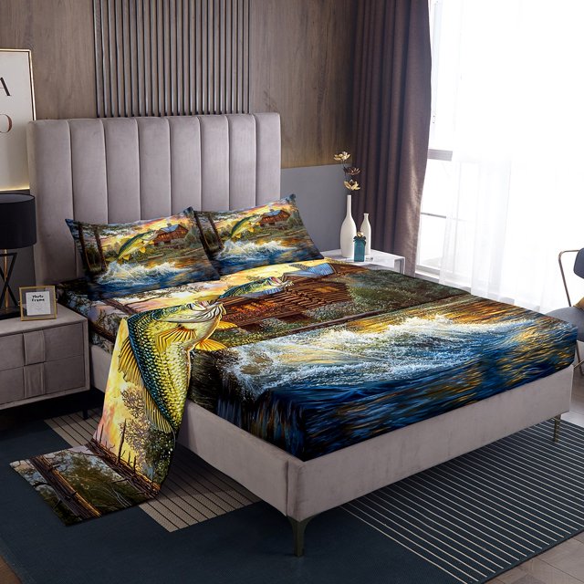 Erosebridal Fishing and Hunting Sheet Set Queen, Pike Fish Bedding Sets Queen Size, Rustic Animal Decor 4pcs