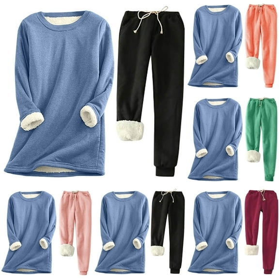 YUGYXL Thicken Sweatsuits for Women 2 Piece Plus Size Puffer Fleece Sherpa Outfits Casual Solid Color Round Neck Sweatshirt and Sweatpants Winter Set Gift for Family