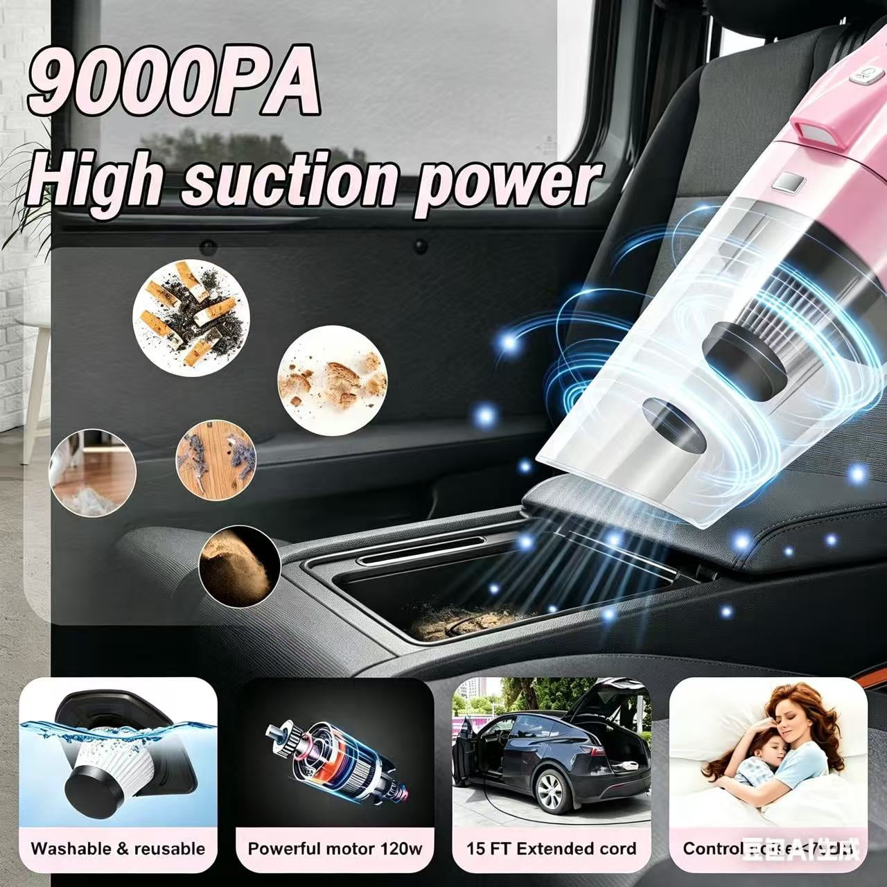 26-Piece Pink Car Cleaning Kit, 4-in-1 High Suction Handheld Vacuum Cleaner, Interior Detailing Brush Set, 2-in-1 Glass Cleaning Tool, Universal Car Accessories, Ideal Gift for Female Car Owners