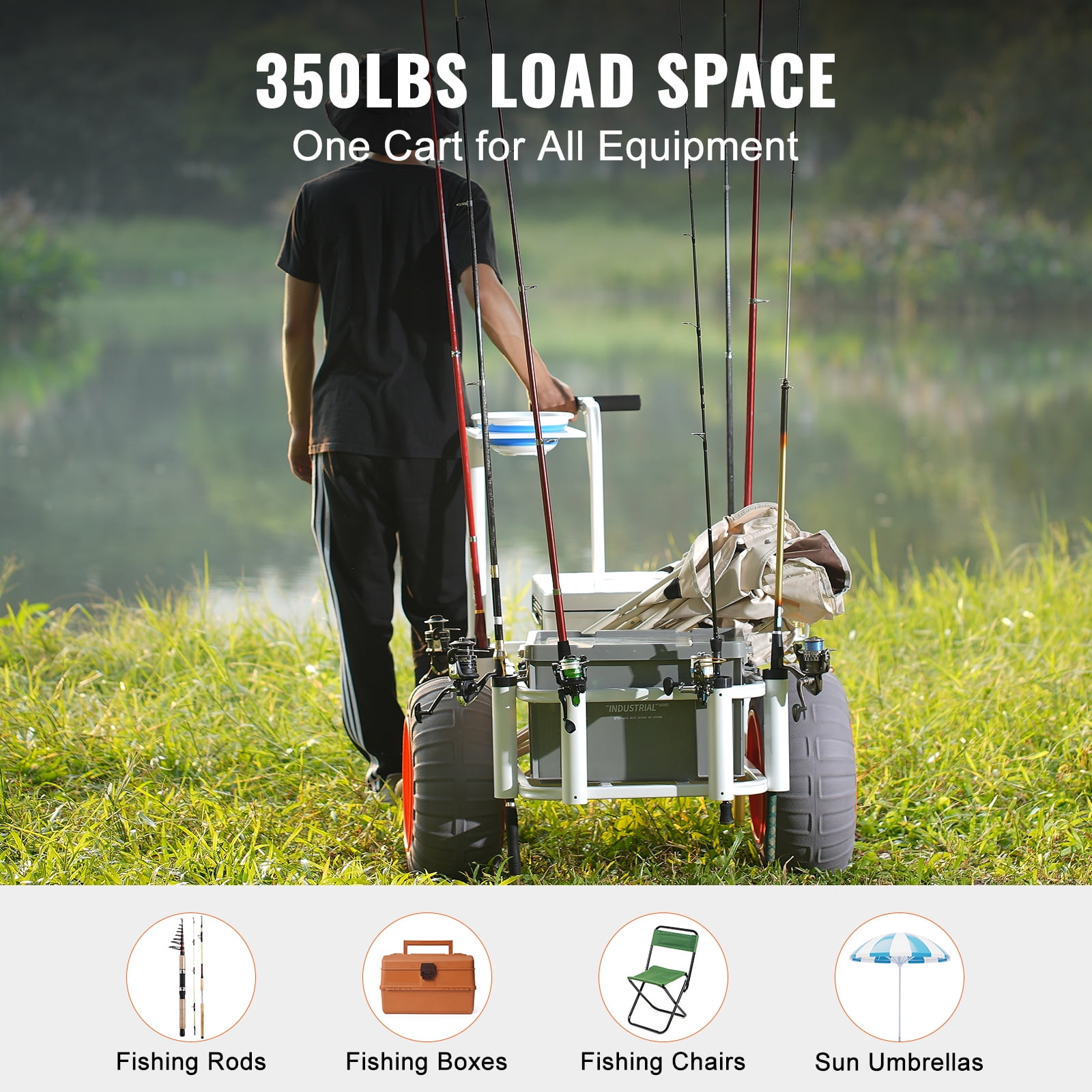 KFFKFF Sand Fishing Trolley, 350 lbs Capacity, Marine and Fish Cart with Dual 16" PU Balloon Wheels, Sturdy Aluminum Construction, 8 Rod Holders, Ideal for Fishing and Picnics