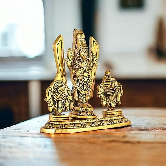 Lord Tirupati Balaji Venkateswara Swami with Shank chakar Tilak Namah Gold Plating Antique Decorative for Car Dashboard Home & Office Table Showpiece Figurines