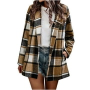 Rain Jackets for Women Waterproof Women Plaid Casual Long Sleeve Loose Lapel Cardigan Jacket Coat With Pocket