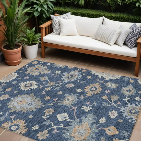 HomeRoots 606167 8 x 10 ft. Navy Blue, Beige & Gray Floral Washable Indoor & Outdoor Rectangle Area Rug