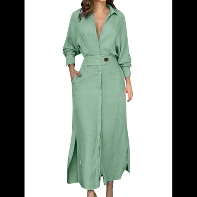 Vestido Maxi Informal de Otoño para Mujer, con Solapa, Abertura, Antiarrugas, y Bolsillos para Vacaciones Amarillo Verde L