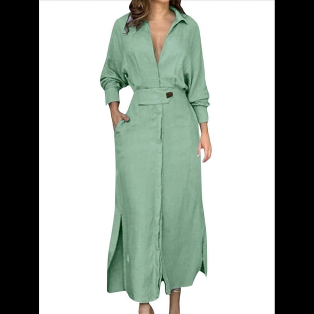 Vestido Maxi Informal de Otoño para Mujer, con Solapa, Abertura, Antiarrugas, y Bolsillos para Vacaciones Amarillo Verde M