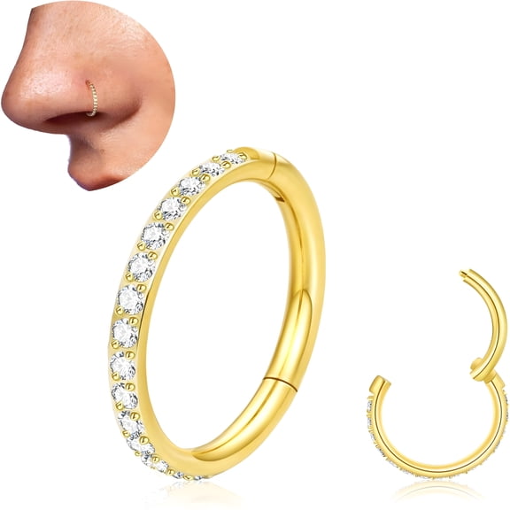 DESIGNICE 20G 18G Titanium Nose Ring Hoop, Cartilage Hoop Earrings for Women Men, Hinged Silver Gold CZ Nose Ring Upper Ear Tragus Daith Conch Helix Septum Nose Piercing Jewelry 6/8/10Mm