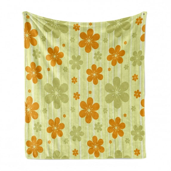 Floral Soft Flannel Fleece Blanket, Big Little Flourishing Graphic Flowers Striped Background Retro Natural Art, Cozy Plush for Indoor and Outdoor Use, 60" x 80", Pale Green Orange, by Ambesonne