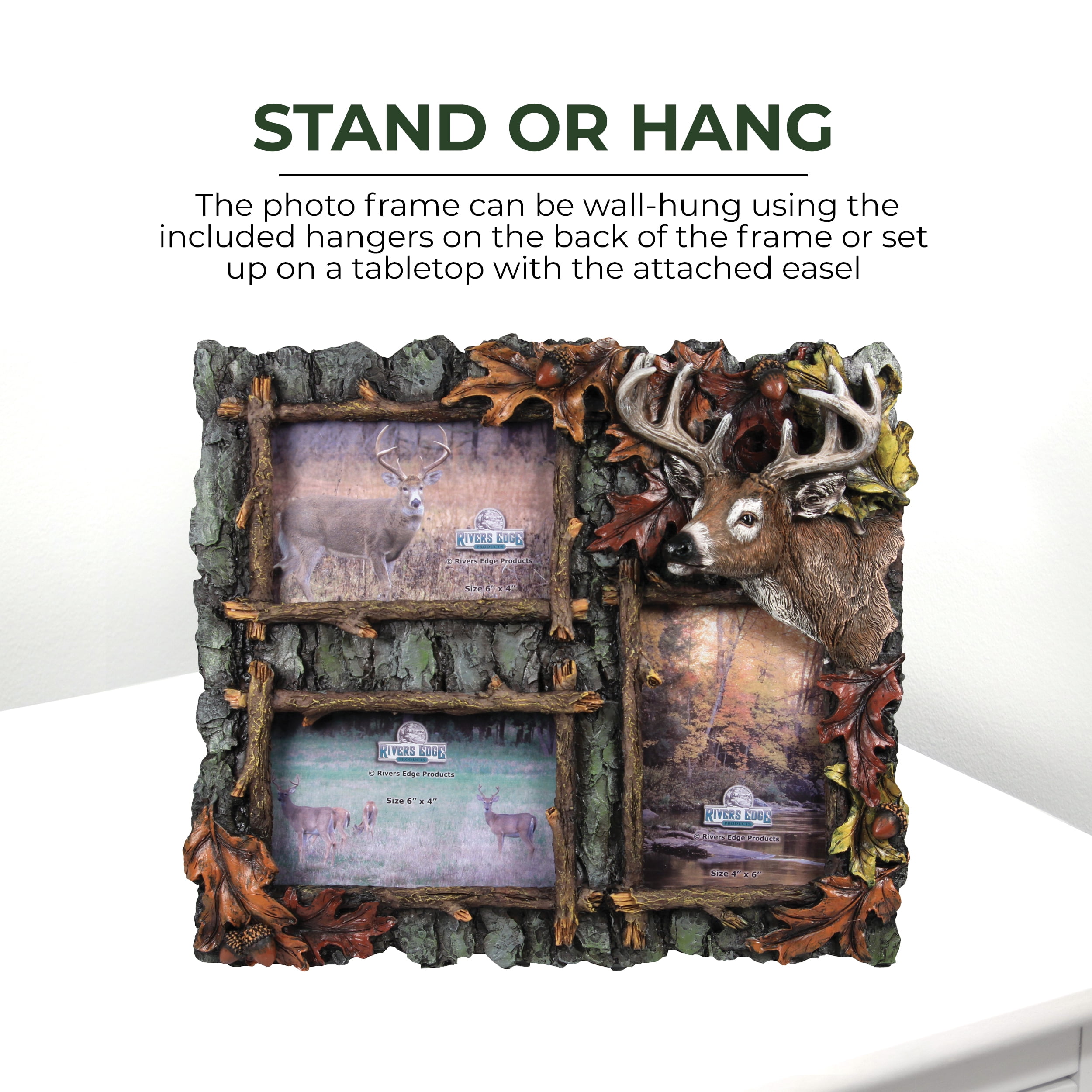 Rivers Edge Products 15.25 in x 13.5 in Multi Photo Frame for Three 4x6 Photos, Rustic Poly Resin Deer Picture Frame, Wall Hanging or Tabletop, Includes Glass Insert, 3-Picture Deer