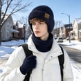 thumbnail image 5 of KOITHOT 3 Pcs Winter Beanie Hat with Ear Flaps Knitted Neck Warmer Touchscreen Gloves Set for Men Navy Blue, 5 of 7
